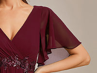 Abito da madre in chiffon con maniche svolazzanti, pizzo, vita decorata con perline, abito formale per festa di matrimonio