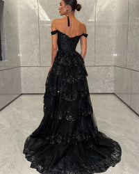 Off Shoulder Prom Dress Layered Lace Sequin Sexy High Slit Formal Evening Gaduation Dress Ms2506072