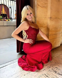 Burgundy Mermaid Evening Dresses Spaghetti Strap Lace Appliques Glitter Backless Women Formal Party Dress