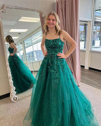 Robes de bal en tulle pailleté pour femmes Appliques en dentelle scintillante Robes de bal longues Bretelles spaghetti Robes de soirée trapèze