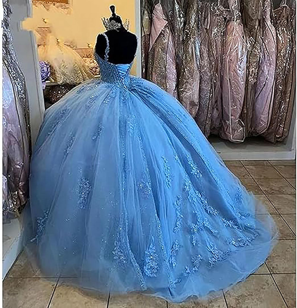 Abiti da ballo Quinceanera da donna con scollo a cuore, spalline sottili, applicazioni in pizzo, abiti Sweet 16 per adolescenti