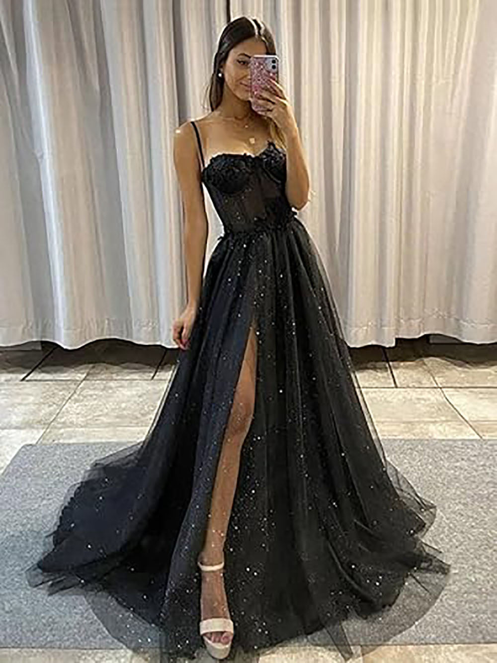 Abiti da sera lunghi da ballo formali a linea A con spalline sottili e spacco laterale in tulle scintillante per donna 2025