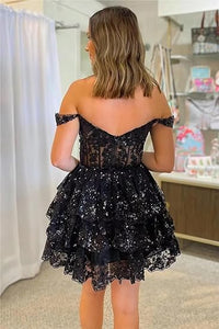 Off Shoulder Sequin Homecoming Dress Ruffles Tiered Mini Prom Dress Lace Applique Cocktail Dress