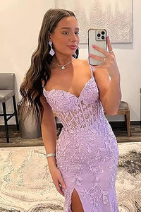 Vestidos de Baile Elegantes com Aplicação de Renda, Estilo Sereia, Fenda, Alças Finas, Vestidos Formais em Tule, Vestidos de Festa Sensuais