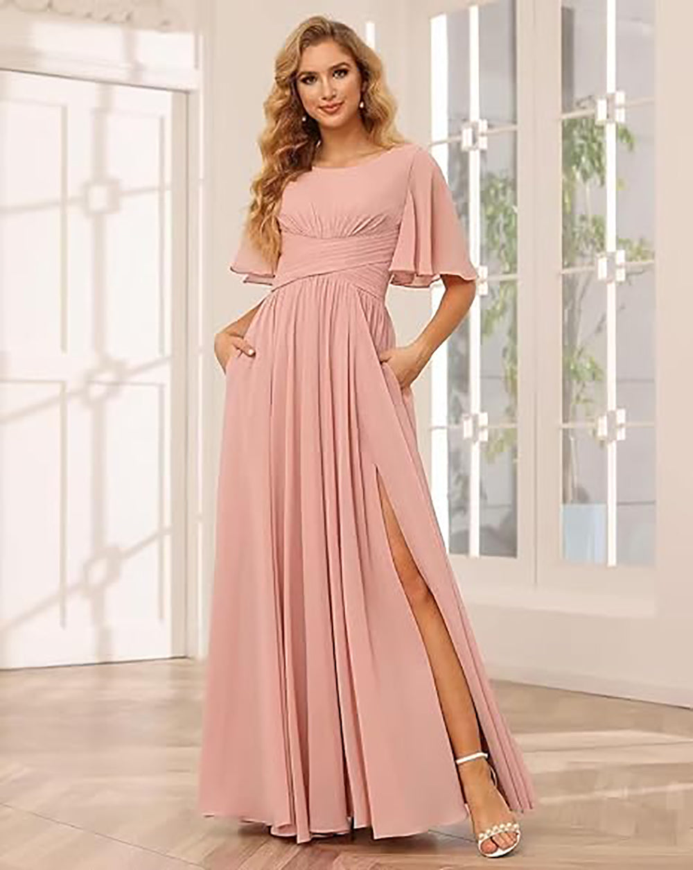Vestido de Dama de Honra para Mulheres com Mangas de Folha em Chiffon Vestido de Noite para Festa de Casamento