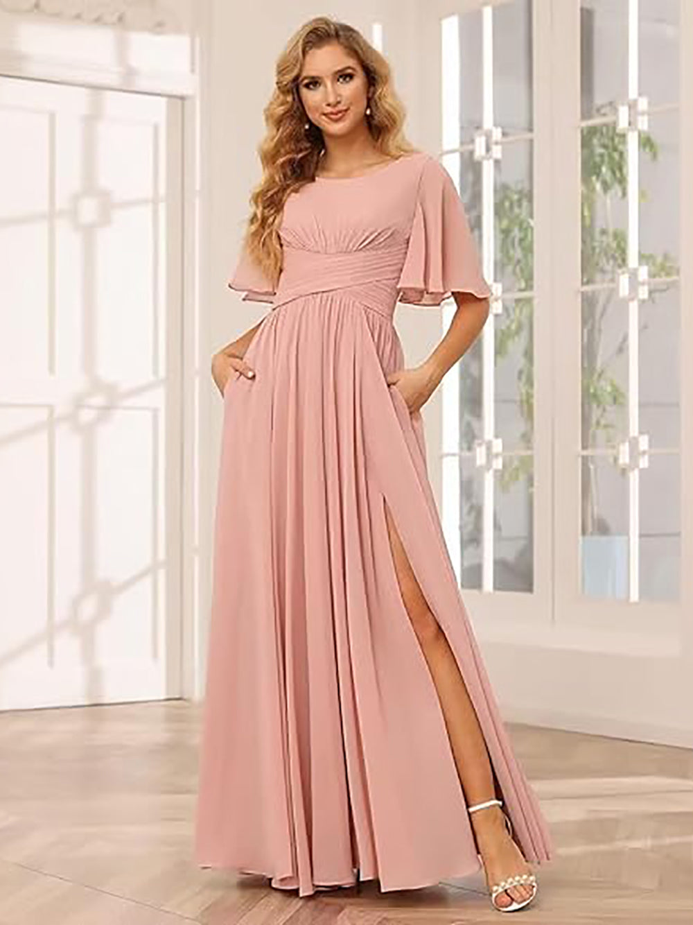 Abito da damigella d'onore in chiffon con maniche a sbuffo, spacco, linea ad A, formale per matrimonio e festa