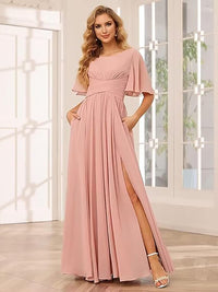 Abito da damigella d'onore in chiffon con maniche a sbuffo, spacco, linea ad A, formale per matrimonio e festa
