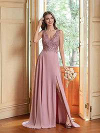 Abiti da damigella d'onore da donna lunghi in chiffon con spacco, abiti semi-formali a linea ad A con scollo a V e schiena scoperta, abiti da sera per matrimoni