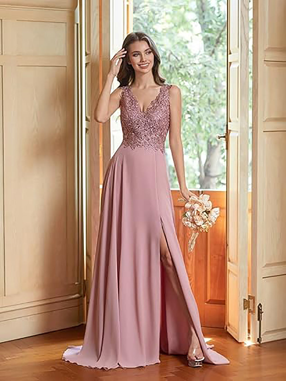 Vestido de Festa Sexy com Fenda Vestido de Dama de Honra Decote em V e Costas Nuas Vestido de Noite para Ocasiões Especiais