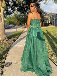 Robe de soirée longue en tulle à bretelles spaghetti et décolleté plongeant pour femme