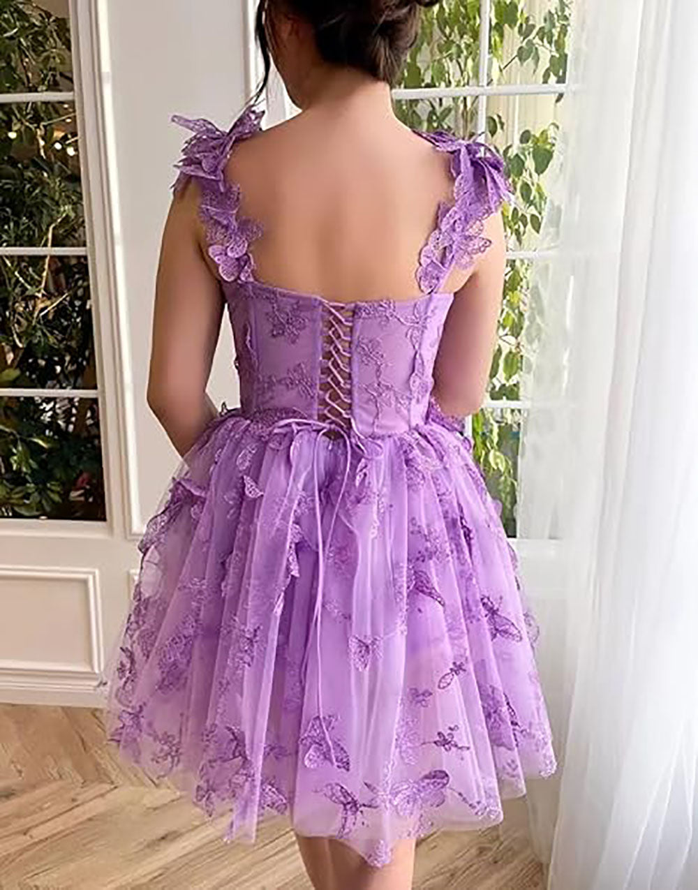 Abito corto da sera in tulle da donna con farfalle 3D, abiti da ritorno a casa con applicazioni in pizzo, abiti da cocktail con spalline sottili