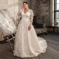 Long Sleeve Wedding Dresses for Bride V Neck Bridal Gowns Lace Tulle Wedding Gowns for Women With Train
