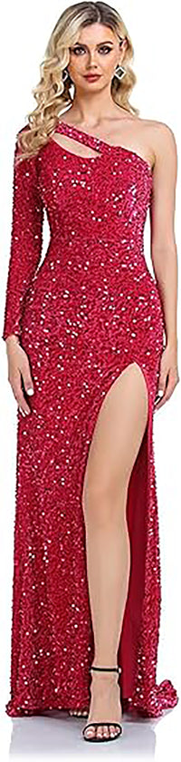 Vestido de Festa com Lantejoulas, Uma Manga, Ombro Só, Vestido de Baile Feminino Brilhante, Vestido de Cocktail para Noite