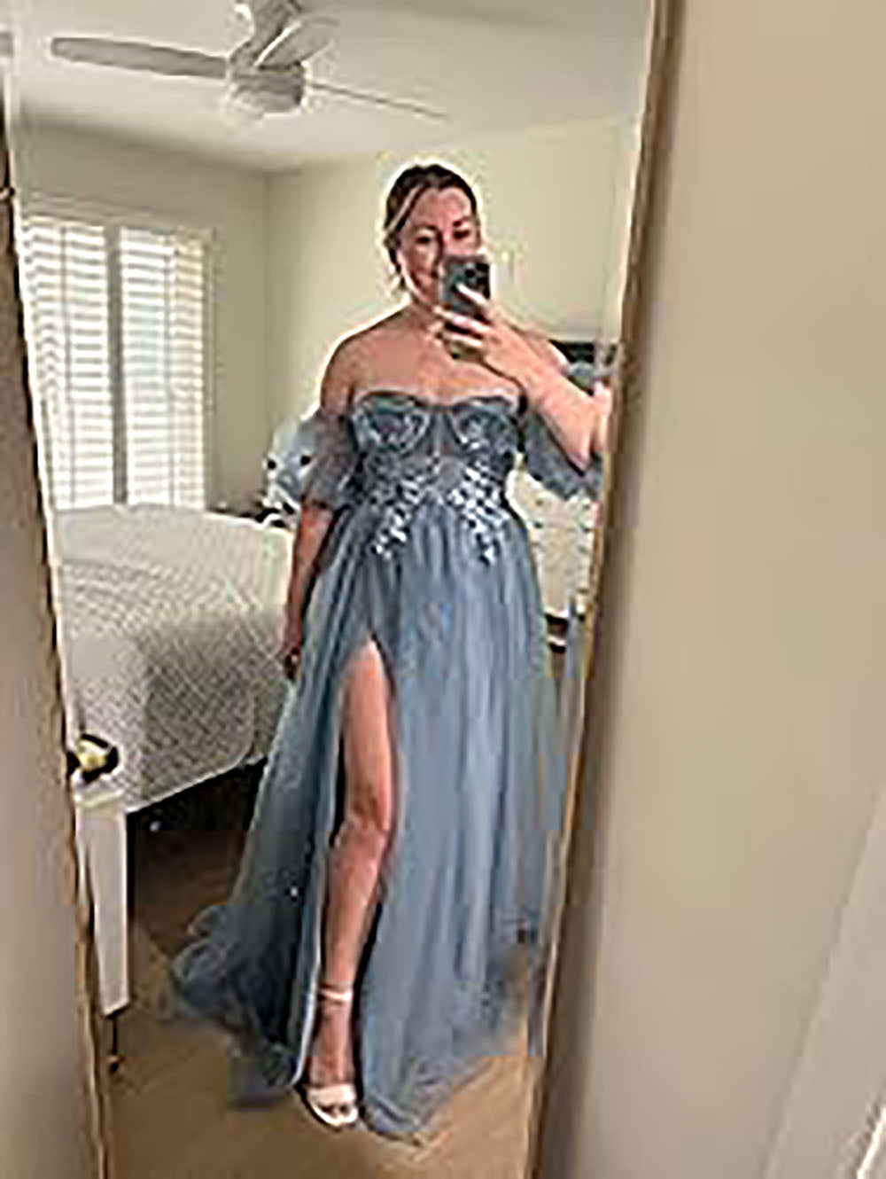 Abiti da sera in tulle glitterato con maniche 2024, scollo a cuore a spalle scoperte, fiori 3D, abiti da festa con spacco