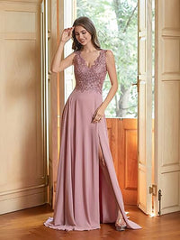 Abiti da damigella d'onore da donna lunghi in chiffon con spacco, abiti semi-formali a linea ad A con scollo a V e schiena scoperta, abiti da sera per matrimoni
