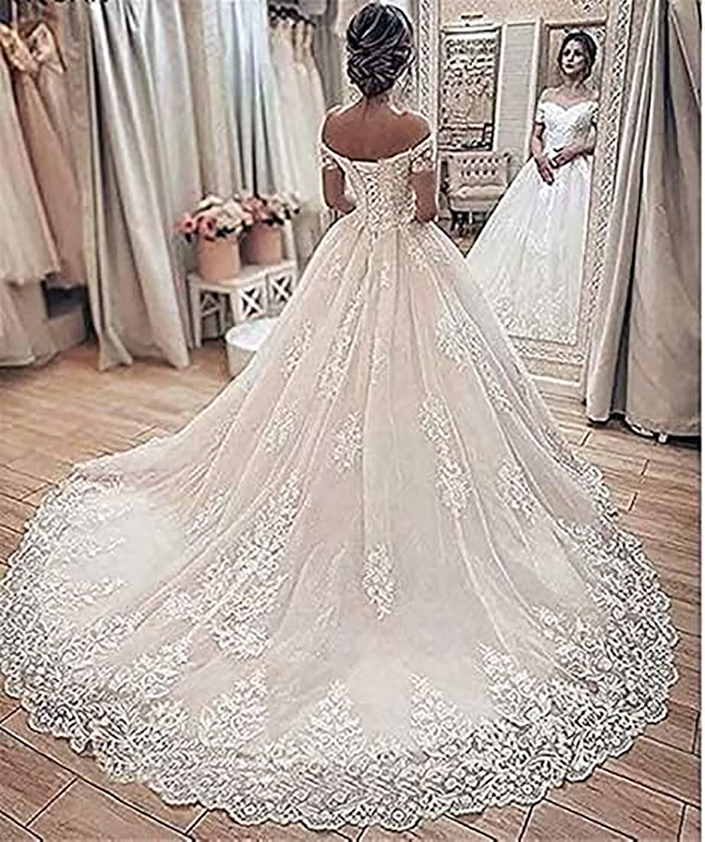 Robes de mariée en dentelle à épaules dénudées pour mariées Appliques Robe de mariée pour femmes Robes de mariée trapèze avec traîne