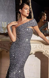 Abiti da sera con paillettes a una spalla, abito da sera sirena scintillante, abito lungo da festa Ms2503103