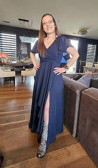 Vestido de Dama de Honra Comprido com Mangas de Folha, Bolsos, Chiffon Franzido, Corte Longo em A, Vestido Formal para Festa com Fenda