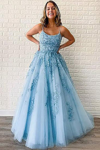 Abiti da sera lunghi con spalline sottili in tulle, applicazioni in pizzo, abiti da ballo per donne, vestito da festa