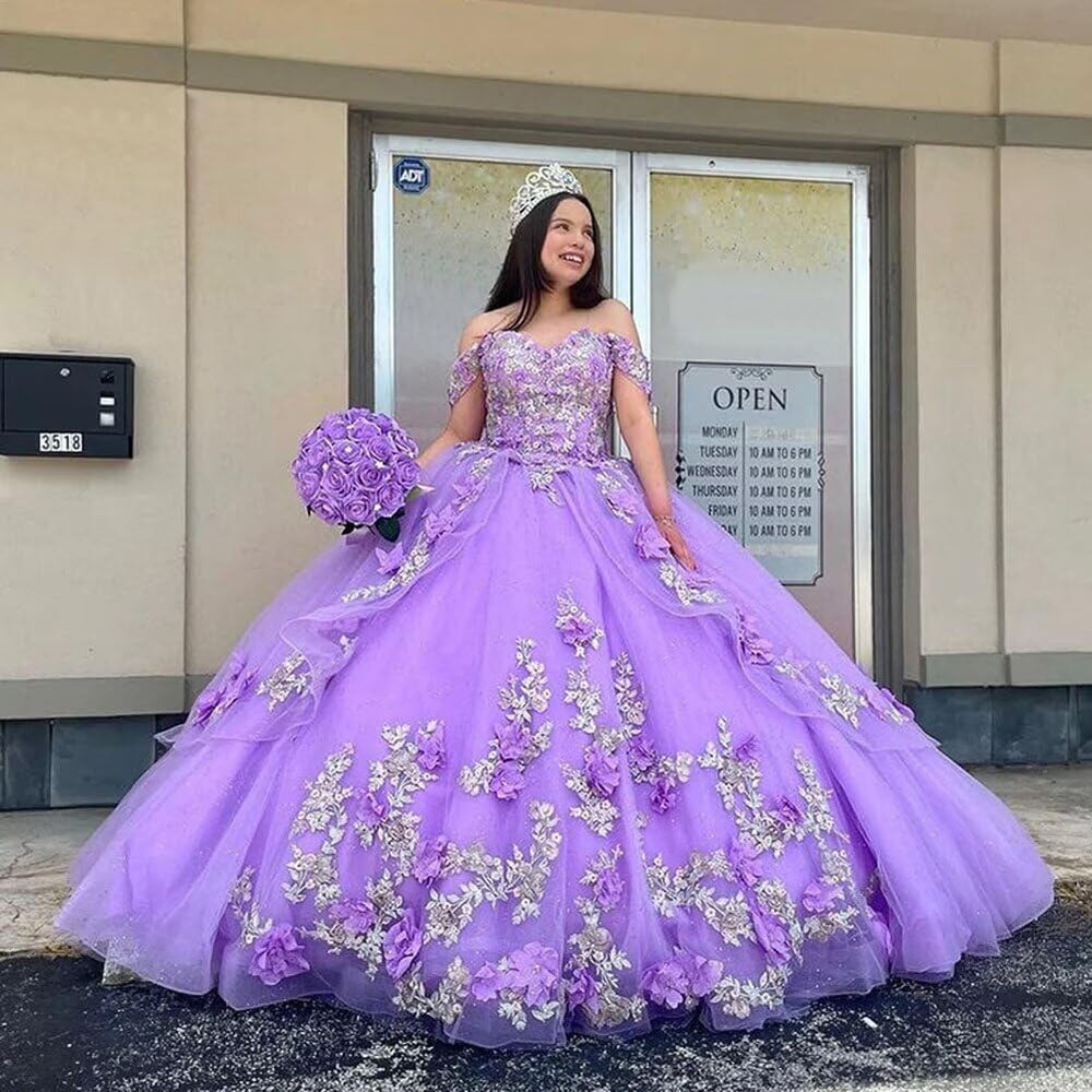 Abiti da Quinceanera floreali 3D Abito da ballo gonfio in tulle scintillante Abiti Sweet 16 con spalle scoperte Abito principessa in pizzo
