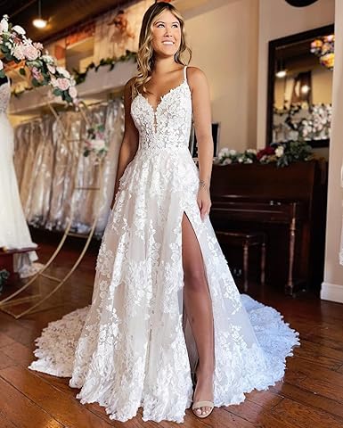 Abiti da sposa da spiaggia da donna con applicazioni in pizzo lungo Abiti da sposa nuziali