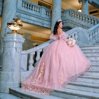 Strapless Quinceanera Dresses Ball Gown Sparkly Tulle Sweet 16 Dresses Puffy Lace Beaded Prom Dress With Sleeves