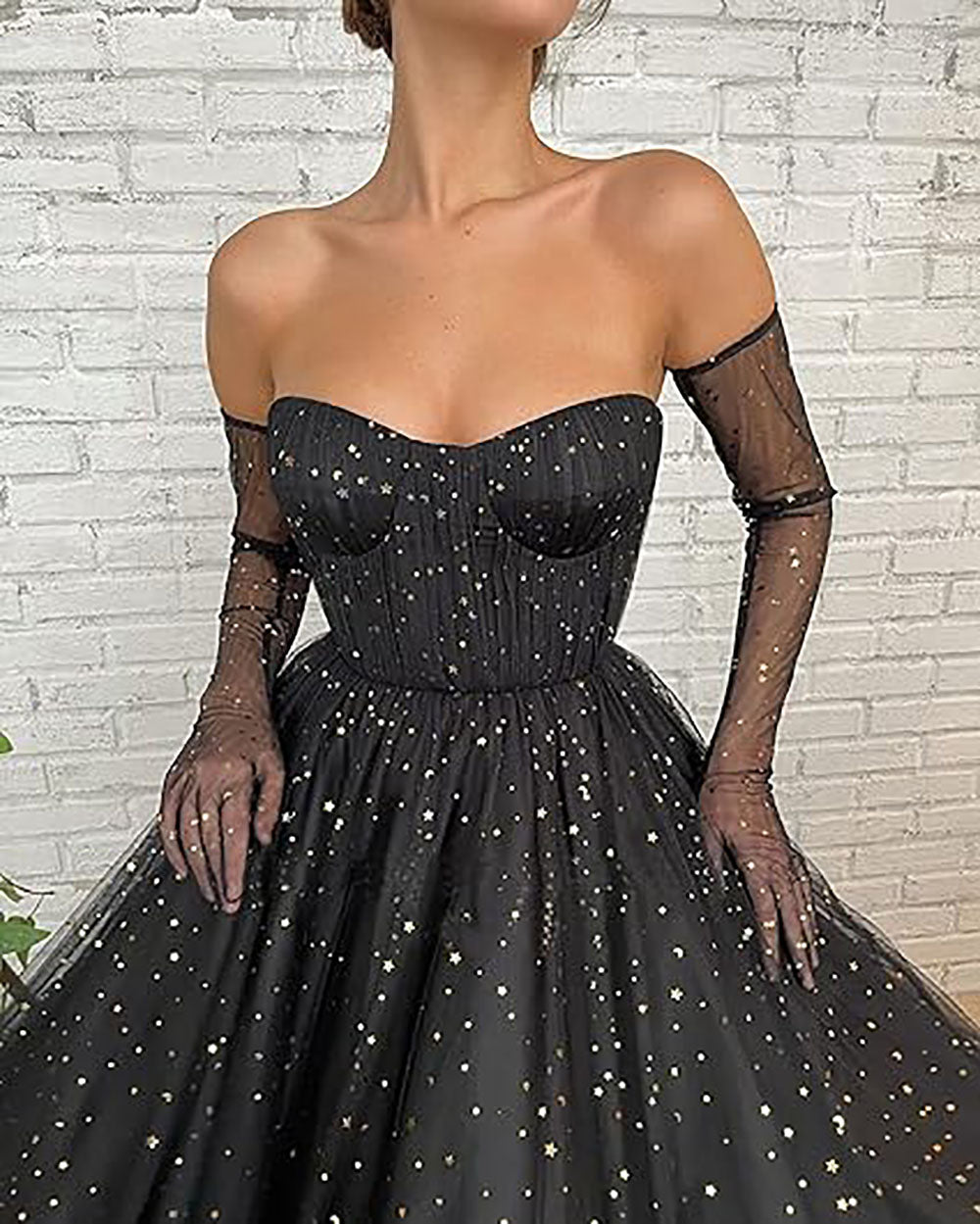 Vestidos de Festa de Tule Estrelado Brilhante para Mulheres, Decote Coração, Corte A, Vestido Formal para Festa com Mangas Longas em Capa