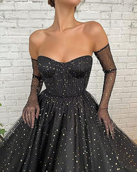 Vestidos de Festa de Tule Estrelado Brilhante para Mulheres, Decote Coração, Corte A, Vestido Formal para Festa com Mangas Longas em Capa