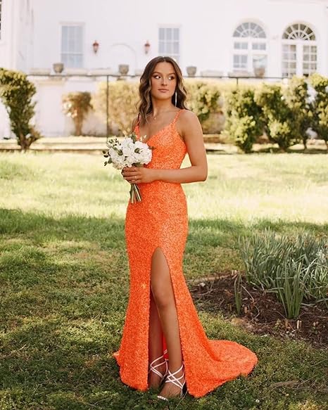 Abiti da sera formali con spalline sottili, paillettes, scollo a V, stile sirena, con spacco, abito da festa scintillante