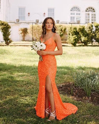 Abiti da sera formali con spalline sottili, paillettes, scollo a V, stile sirena, con spacco, abito da festa scintillante