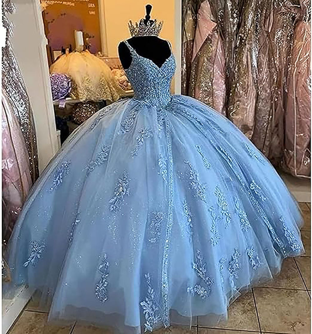 Abiti da ballo Quinceanera da donna con scollo a cuore, spalline sottili, applicazioni in pizzo, abiti Sweet 16 per adolescenti