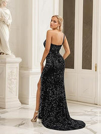 Abiti lunghi formali da donna con paillettes, scollo a barca, vestito scintillante senza maniche, abito da cocktail per feste, abiti da sera con spacco laterale