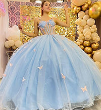 Robes de Quinceanera à bretelles spaghetti avec dentelle papillon et perles Robes de bal en tulle scintillant Robes Sweet 16