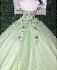 Abiti da Quinceanera con Fiori 3D Scintillanti, Abiti Quince in Tulle Gonfi Senza Spalline, Abiti Sweetheart con Perline e Pizzo, Abiti Sweet 16