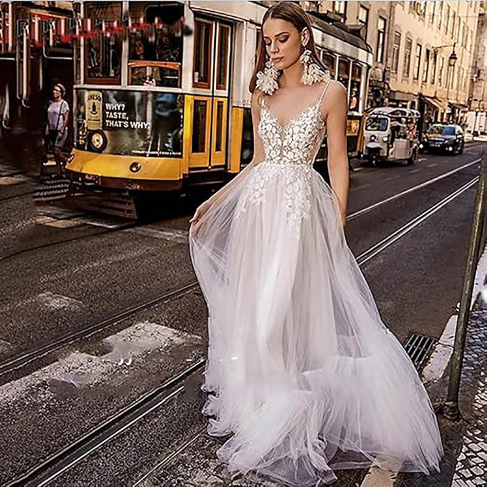 Robe de mariée de plage en dentelle pour femme pour mariée Robe de mariée bohème dos nu ligne A pour femme