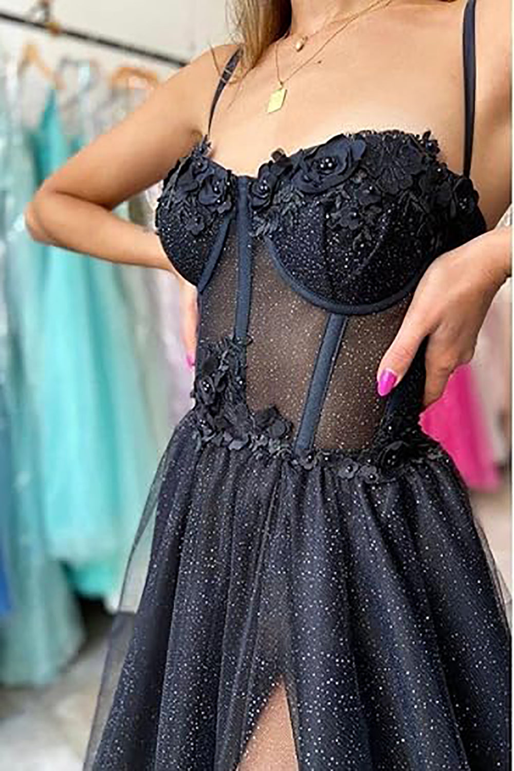 Spaghetti Strap Glitter Tulle Prom Dresses Slit Long Graduation Dress for Women Evening Party Gowns