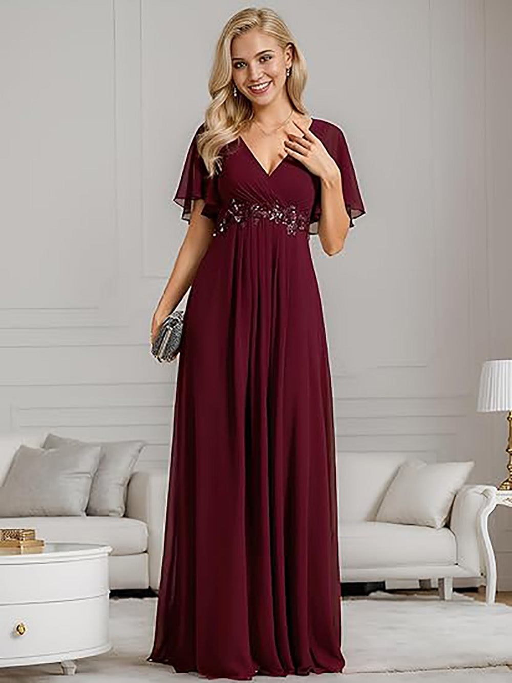 Abito da madre in chiffon con maniche svolazzanti, pizzo, vita decorata con perline, abito formale per festa di matrimonio