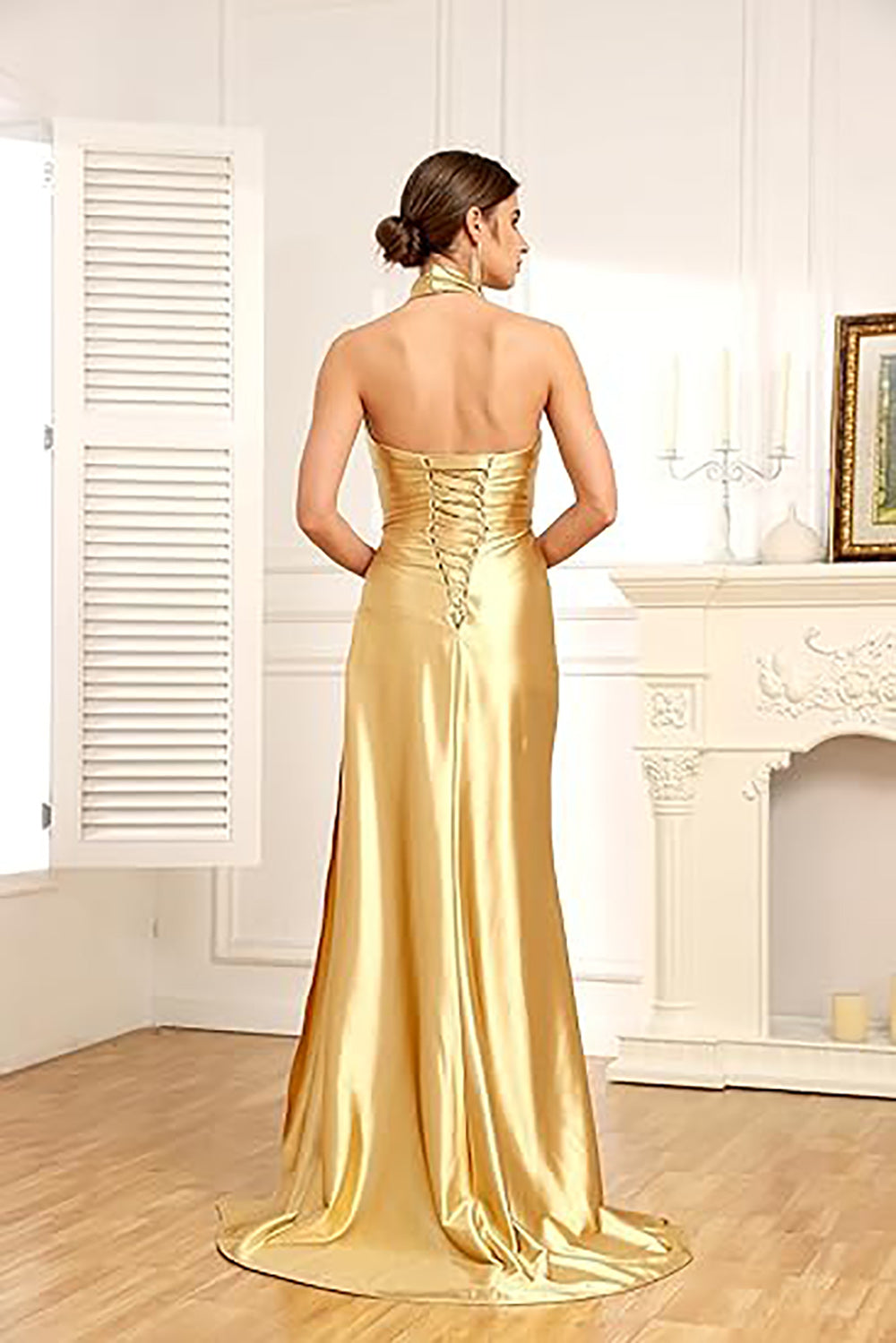 Satin Halter Bridesmaid Dresses Long Pleated Prom Dresses with Slit Mermaid Evening Dresses
