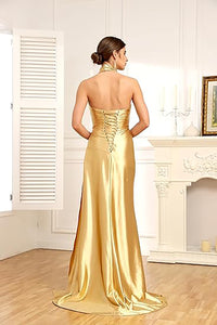 Satin Halter Bridesmaid Dresses Long Pleated Prom Dresses with Slit Mermaid Evening Dresses