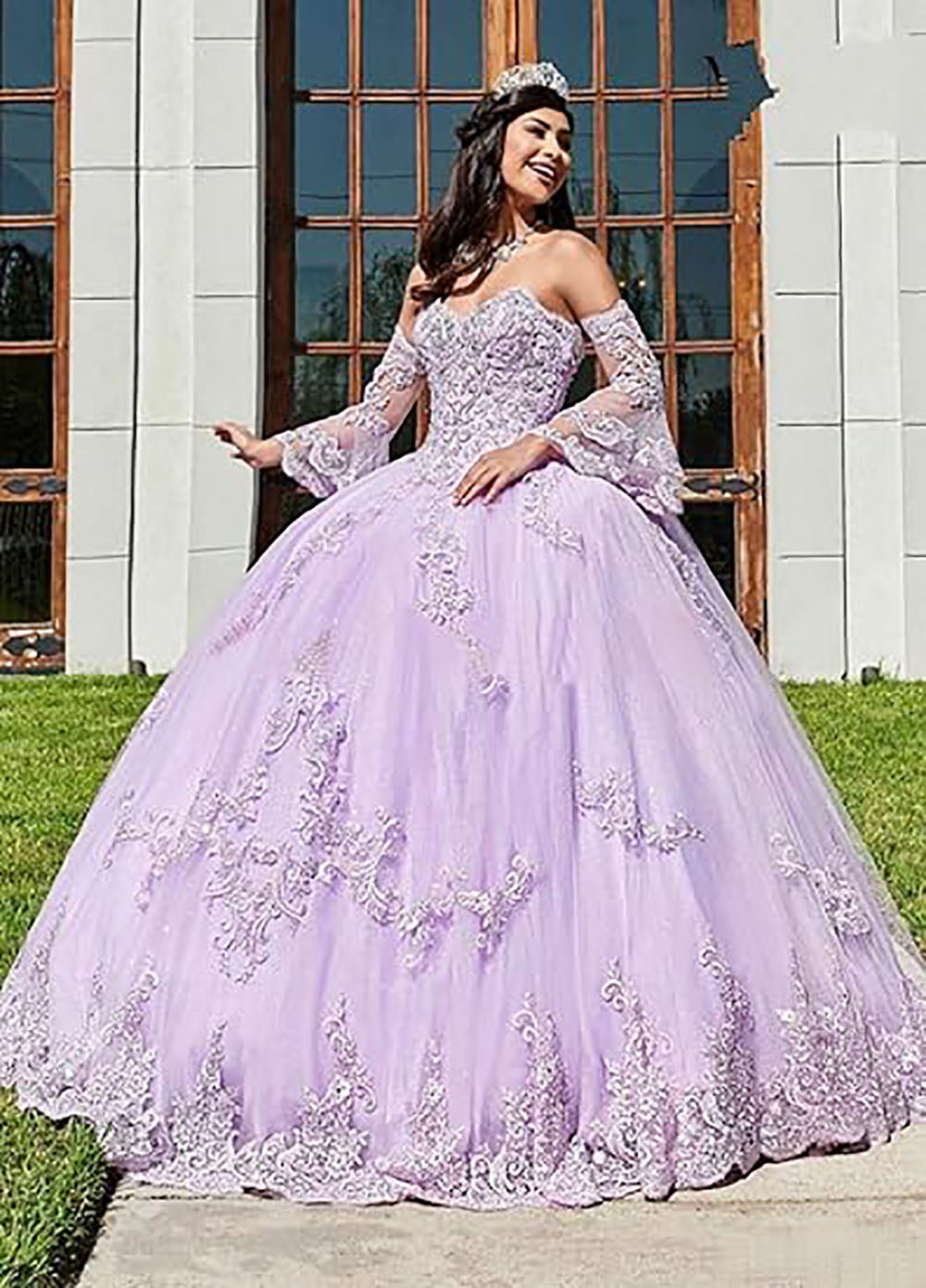 Abiti da Quinceanera da donna con scollo a cuore, applicazioni in pizzo, abito da ballo con maniche lunghe staccabili, abito da principessa per feste