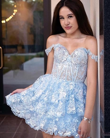 Vestido de Festa de Volta às Aulas com Lantejoulas e Ombros Descobertos, Vestido Curto de Camadas com Folhos, Vestido de Noite com Aplicações de Renda, Vestidos de Baile de Finalistas 2024 Primavera Verão