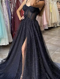 Spaghetti Strap Glitter Tulle Prom Dresses Slit Long Graduation Dress for Women Evening Party Gowns