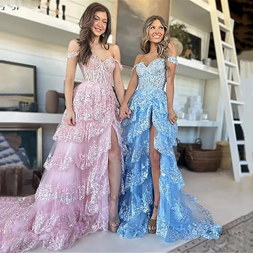 Robe de soirée longue en tulle à épaules dénudées pour femme avec appliques en dentelle et fente