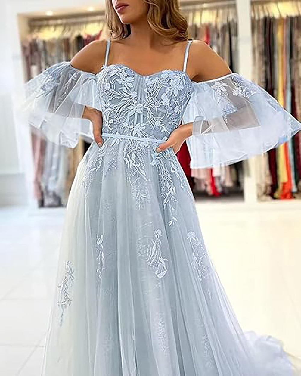 Vestidos de Baile Longos com Ombros Descobertos, Tule, Apliques, Vestido de Festa com Alças Finas, Vestidos Formais de Noite