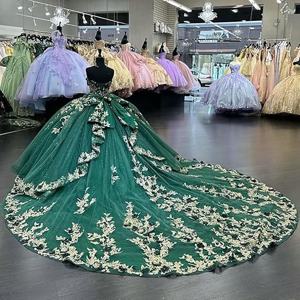 Wunderschöne trägerlose Quinceanera-Kleider mit Perlen, Ballkleid, bauschige Spitze, Ballkleider mit Schleppe, Blumenmuster, Sweet 15 16 Kleider