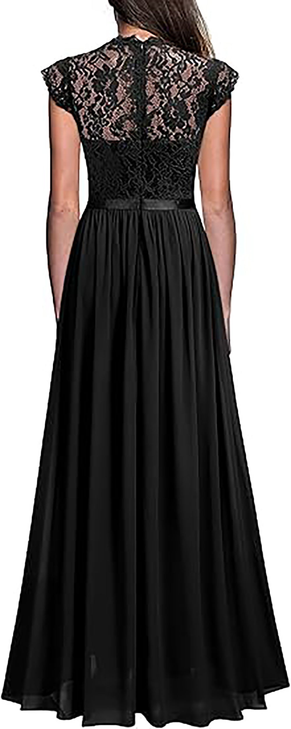 Vestito da festa elegante da donna con scollo a V, maniche a cappuccio e spacco alto in pizzo nero