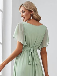 Abito da damigella con scollo a V, maniche a volant, arricciato, da festa, lungo fino al pavimento, in chiffon, abito formale