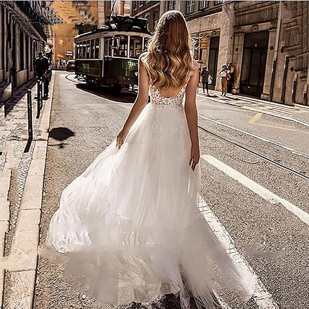 Robe de mariée de plage en dentelle pour femme pour mariée Robe de mariée bohème dos nu ligne A pour femme