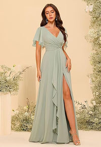 Vestido de Dama de Honra Comprido com Mangas de Folha, Bolsos, Chiffon Franzido, Corte Longo em A, Vestido Formal para Festa com Fenda