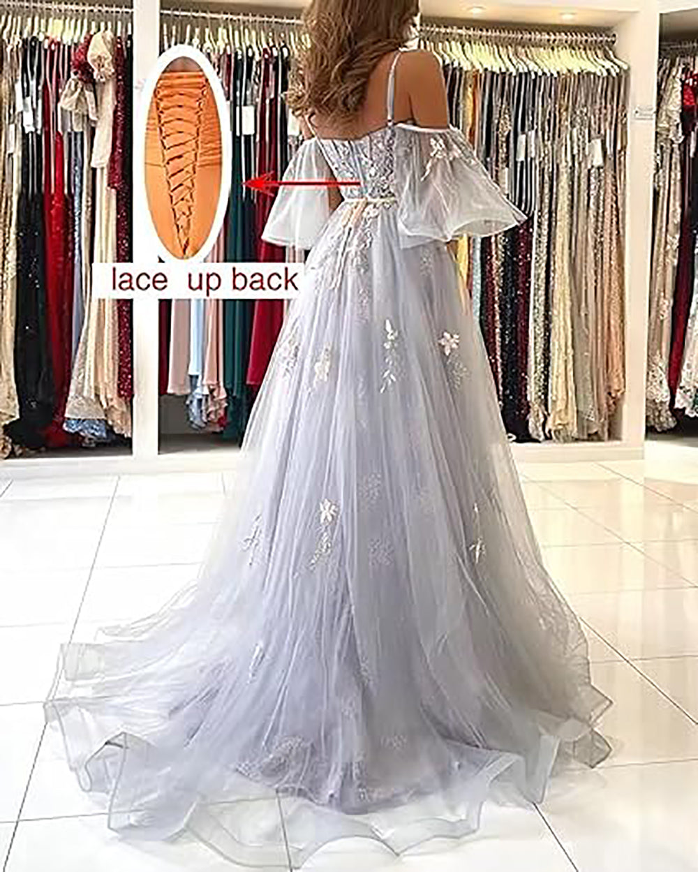 Vestidos de Baile Longos com Ombros Descobertos, Tule, Apliques, Vestido de Festa com Alças Finas, Vestidos Formais de Noite